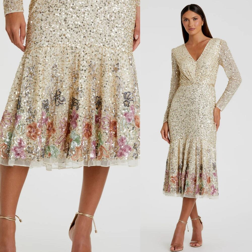 Mac Duggal A5589 8 Gold Floral Faux Wrap Long Sleeve Midi Dress Sequin Beaded